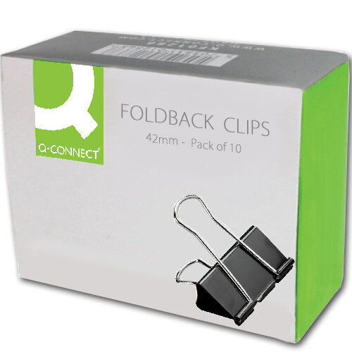 Q-Connect Foldback Clip, 42mm, Black (Pack of 10) - Strong Metal Clips for Binding Papers